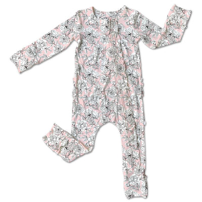 Allie Floral Bamboo Ruffle Convertible Zipper Footie | Laree and Co | Bee Like Kids