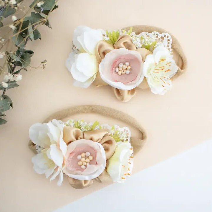 Baby Headband - Gold Floral | Newborn Photoshoot Floral Headband | Bee Like Kids