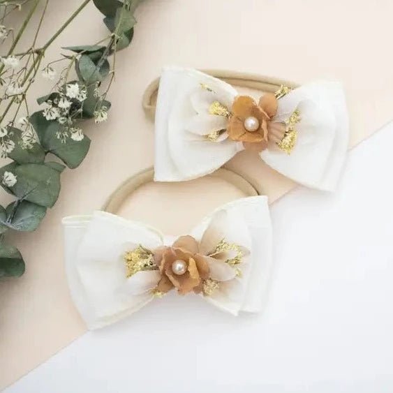 Baby Headband - White Bow | Newborn Floral Headband for Photoshoot | Bee Like Kids