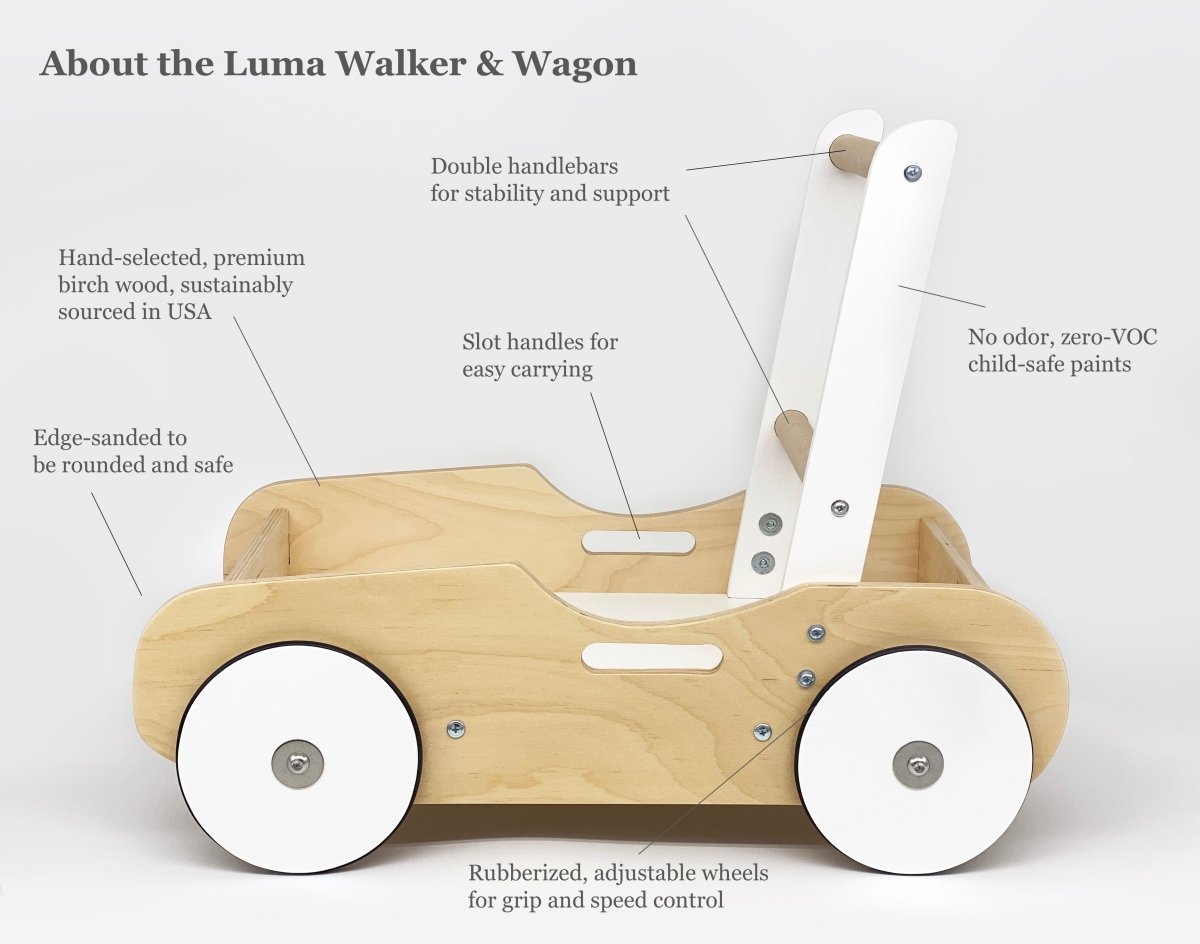 Handcrafted Wooden Push Cart in Natural Birch Wood & White