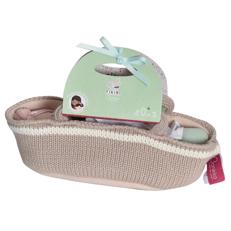 Knitted Carry Cot w/Rheya Baby Dark Skin, Soother & Blanket