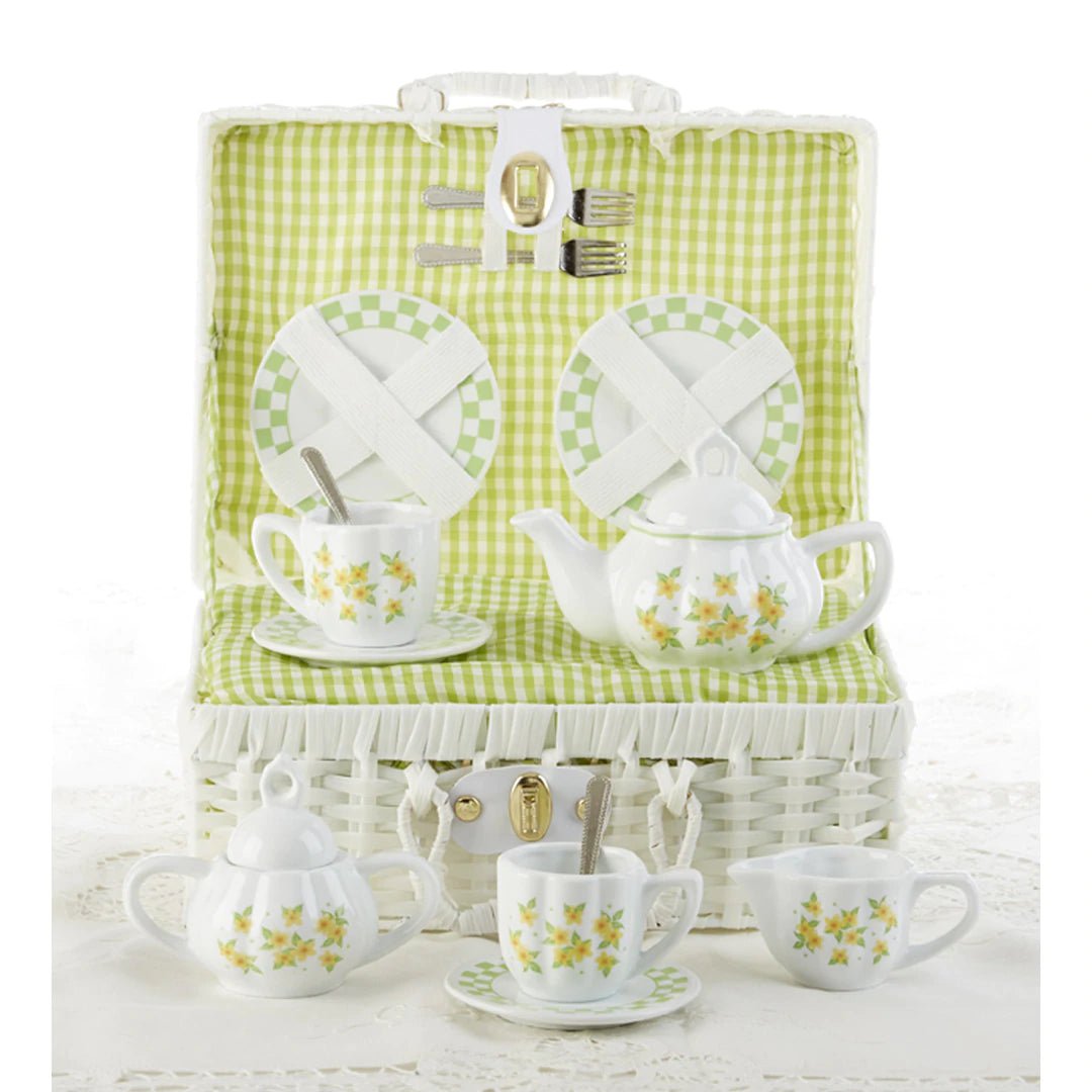 Delton Porcelain Yellow Sue Tea Set for Two in Basket  | Bee Like Kids
