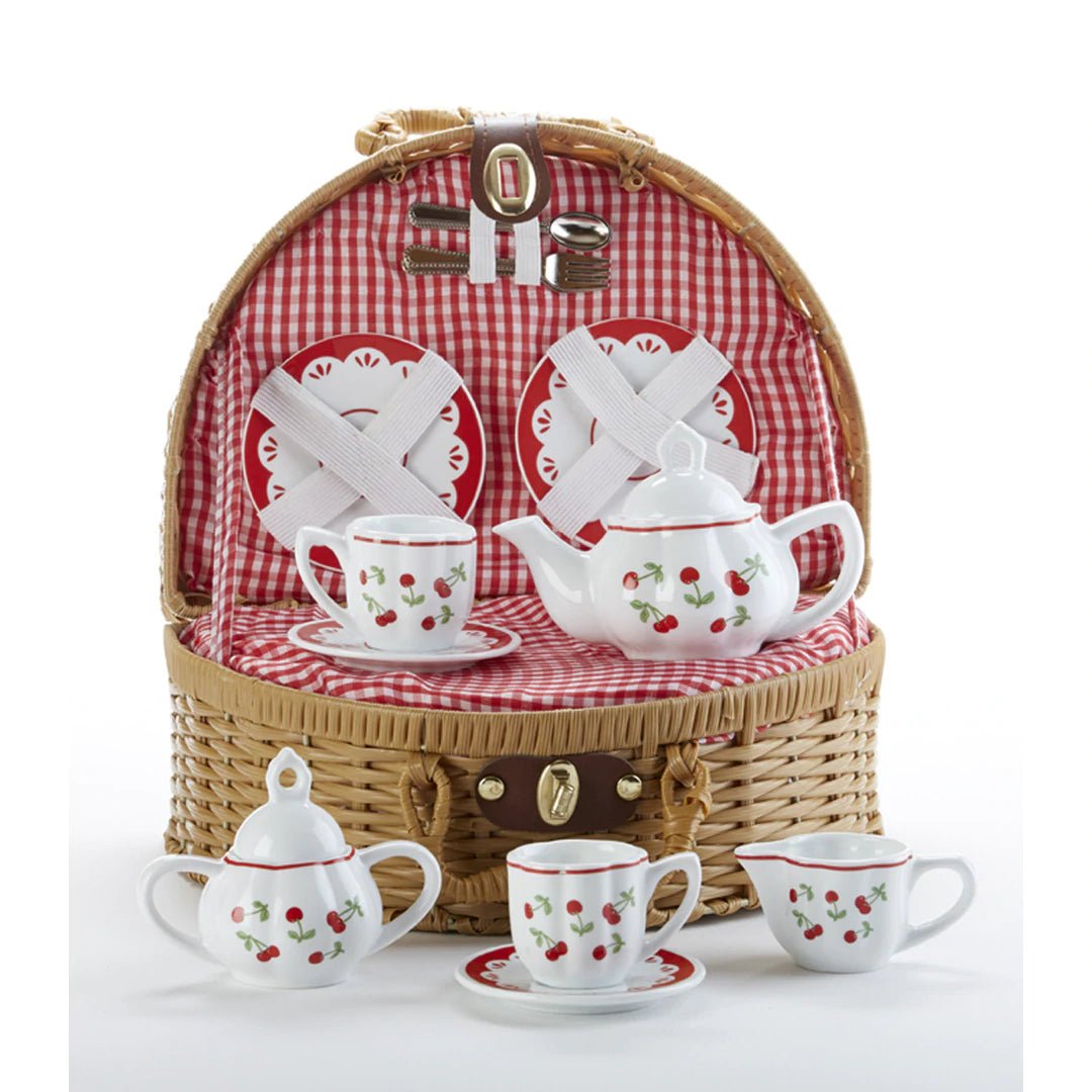 Delton Porcelain Cherry Tea Set for Two in Basket  | Bee Like Kids
