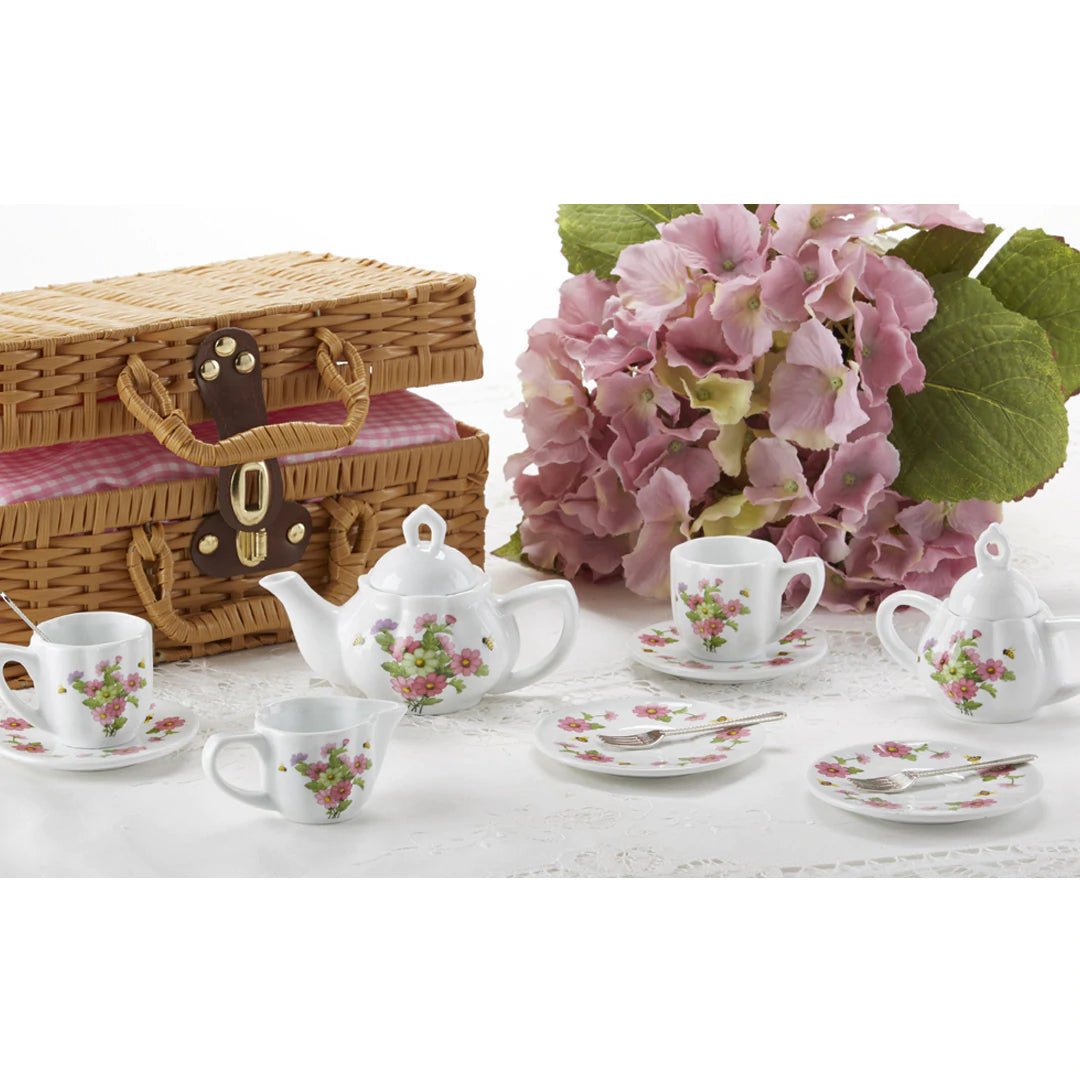 Delton Porcelain Multi Daisy Tea Set for Two in Basket  | Bee Like Kids