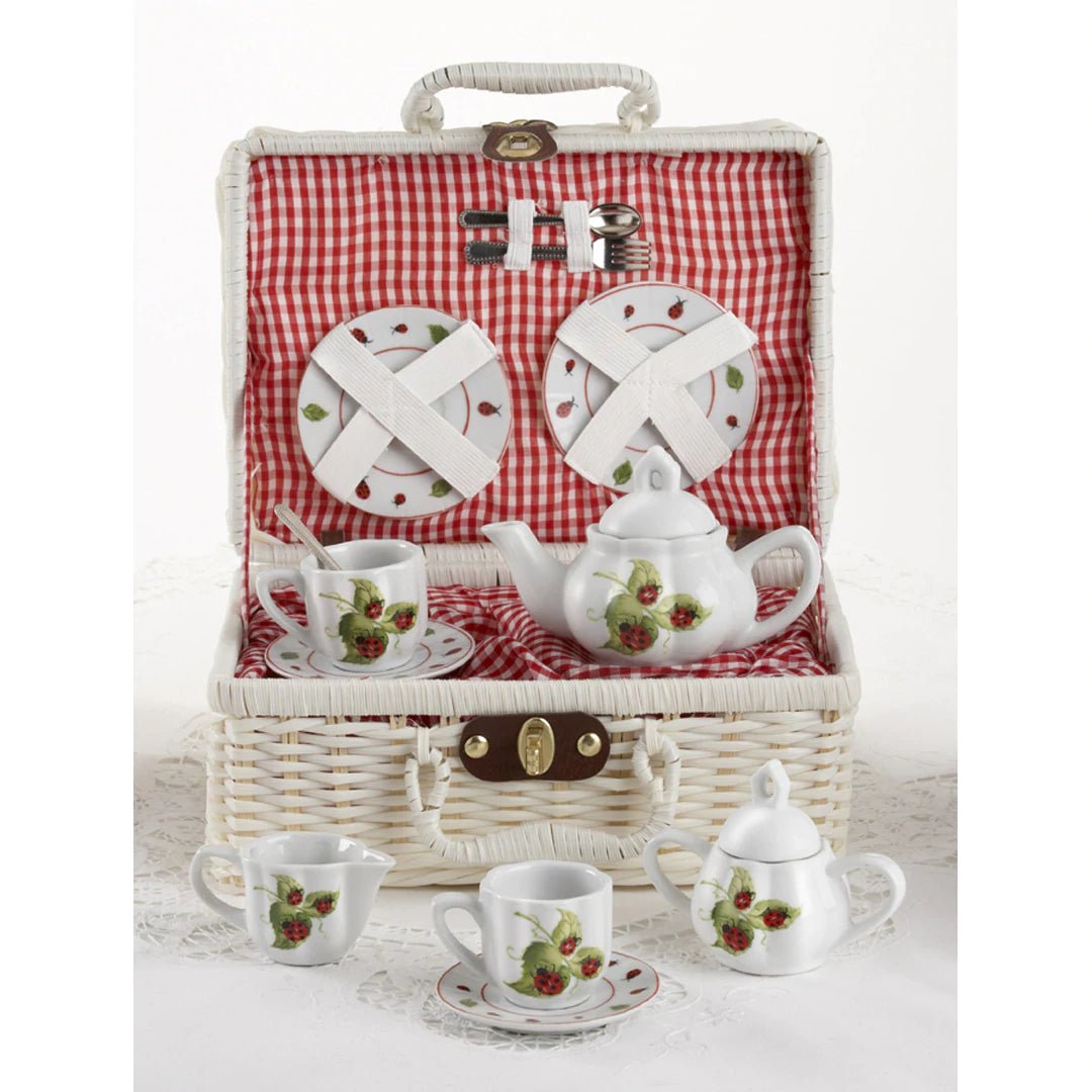 Delton Porcelain Lady Bug Tea Set for Two in Basket  | Bee Like Kids