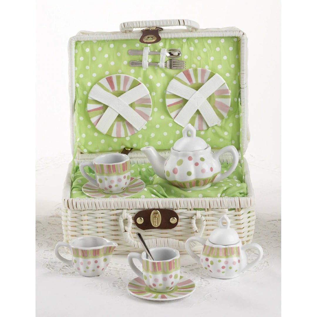 Delton Porcelain Sprinkle Tea Set for Two in Basket  | Bee Like Kids