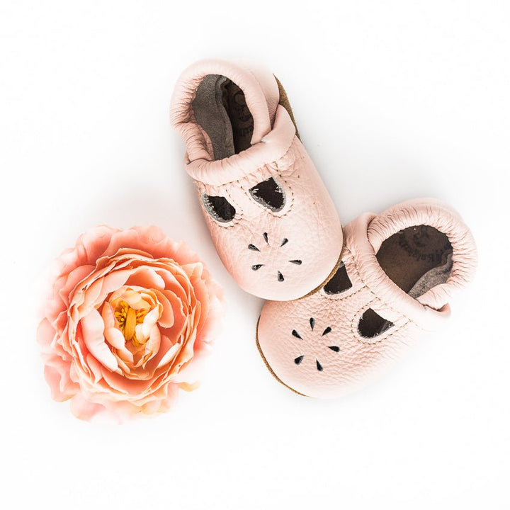 T-Strap Leather Baby and Toddler Shoes - Rose Blush | Starry Knight Design | Bee Like Kids